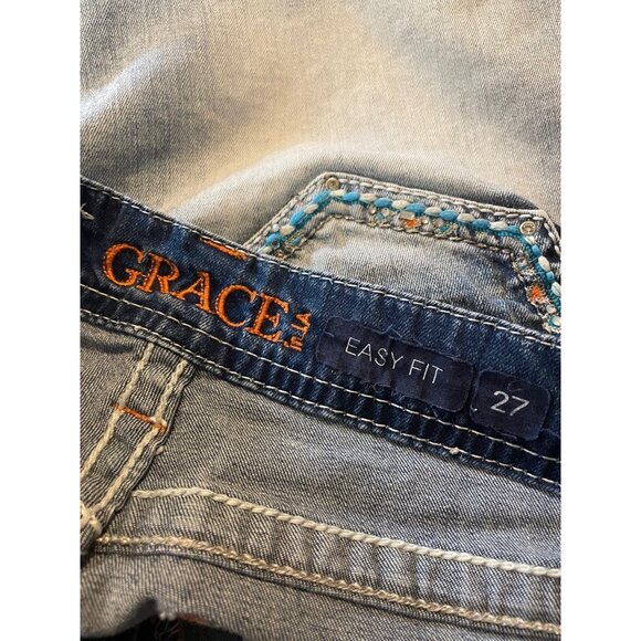 Rare GRACE in LA Embroidered Embellished Rhinestone Easy Fit Jean Shorts Size 27 - Picture 3 of 4